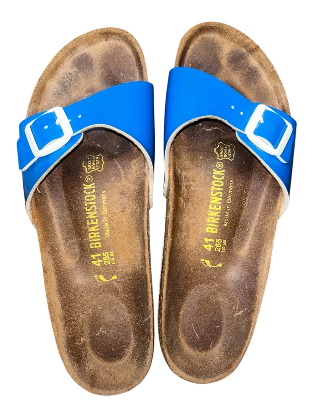 Birkenstock Madrid Bright Blue Classic Single Strap and White Buckle Sandal 10.5